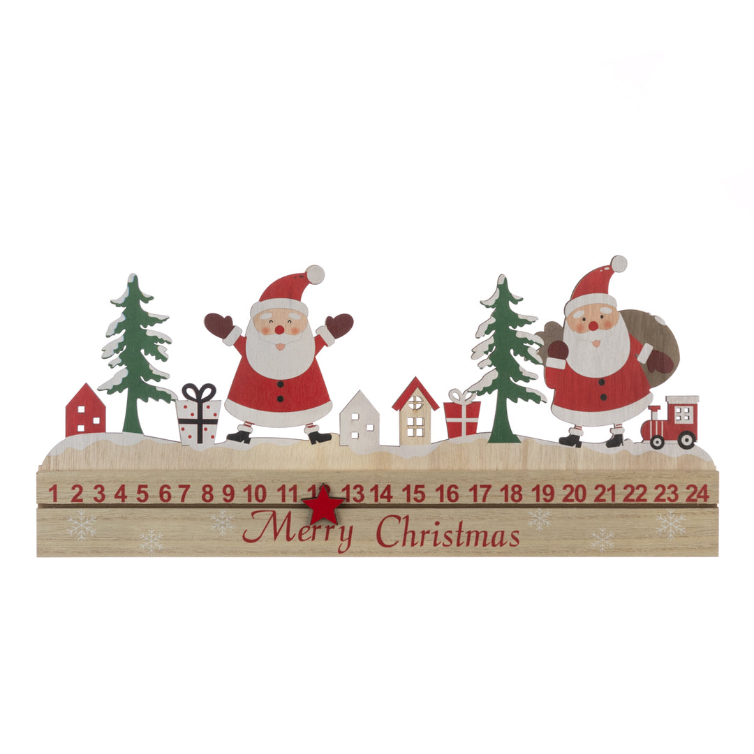 Wooden Christmas countdown advent calendar with floral and red accents by Floralsilk Christmas 2025, from Cornucopia Home and Gift.