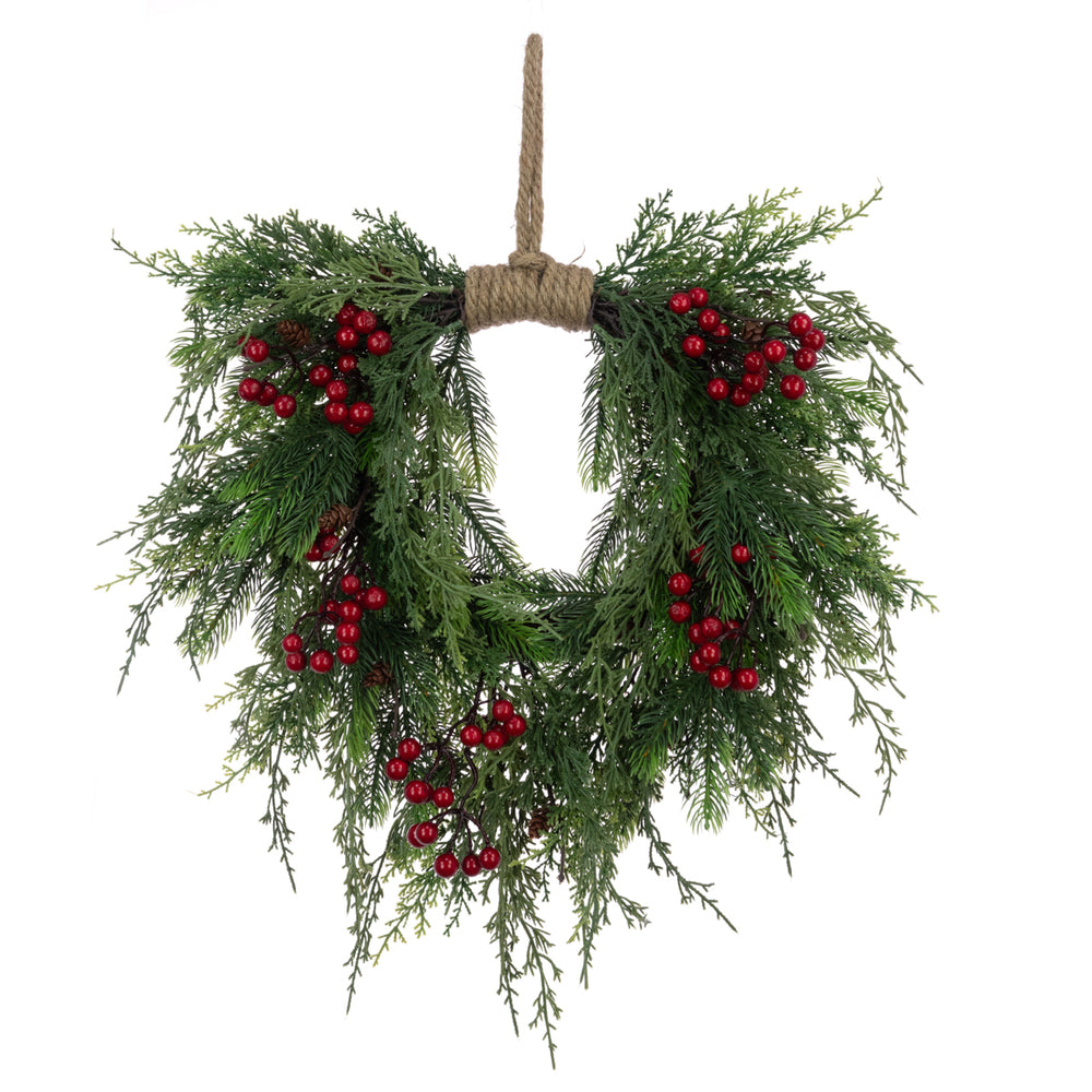 Red Toft Cedar jute wreath, 50cm size, floral silk Christmas decoration by Cornucopia Home and Gift.