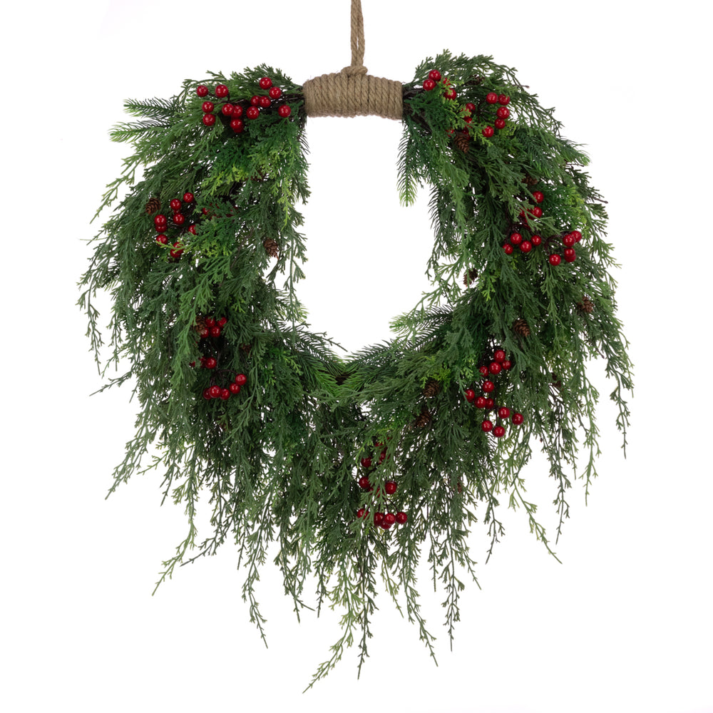Red Toft Cedar jute wreath, 71cm size, from Cornucopia Home and Gift's Floralsilk Christmas 2025 collection, with natural cedar and jute details.