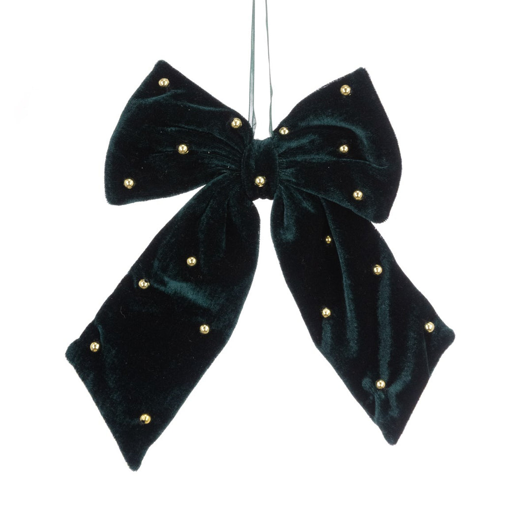 Green Velvet Bow with Beads - 20 cm