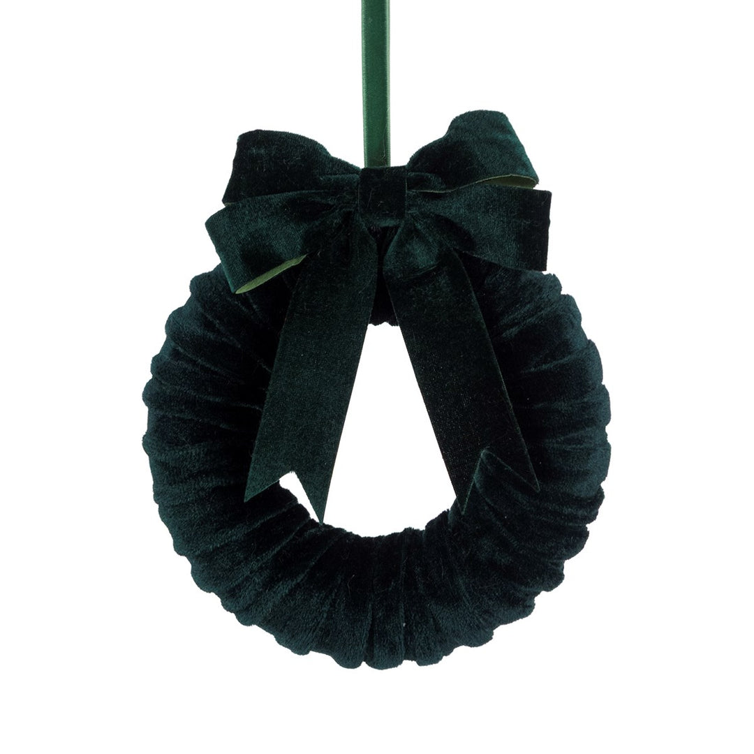 Green Velvet Bow Hanging Wreath - 17 cm