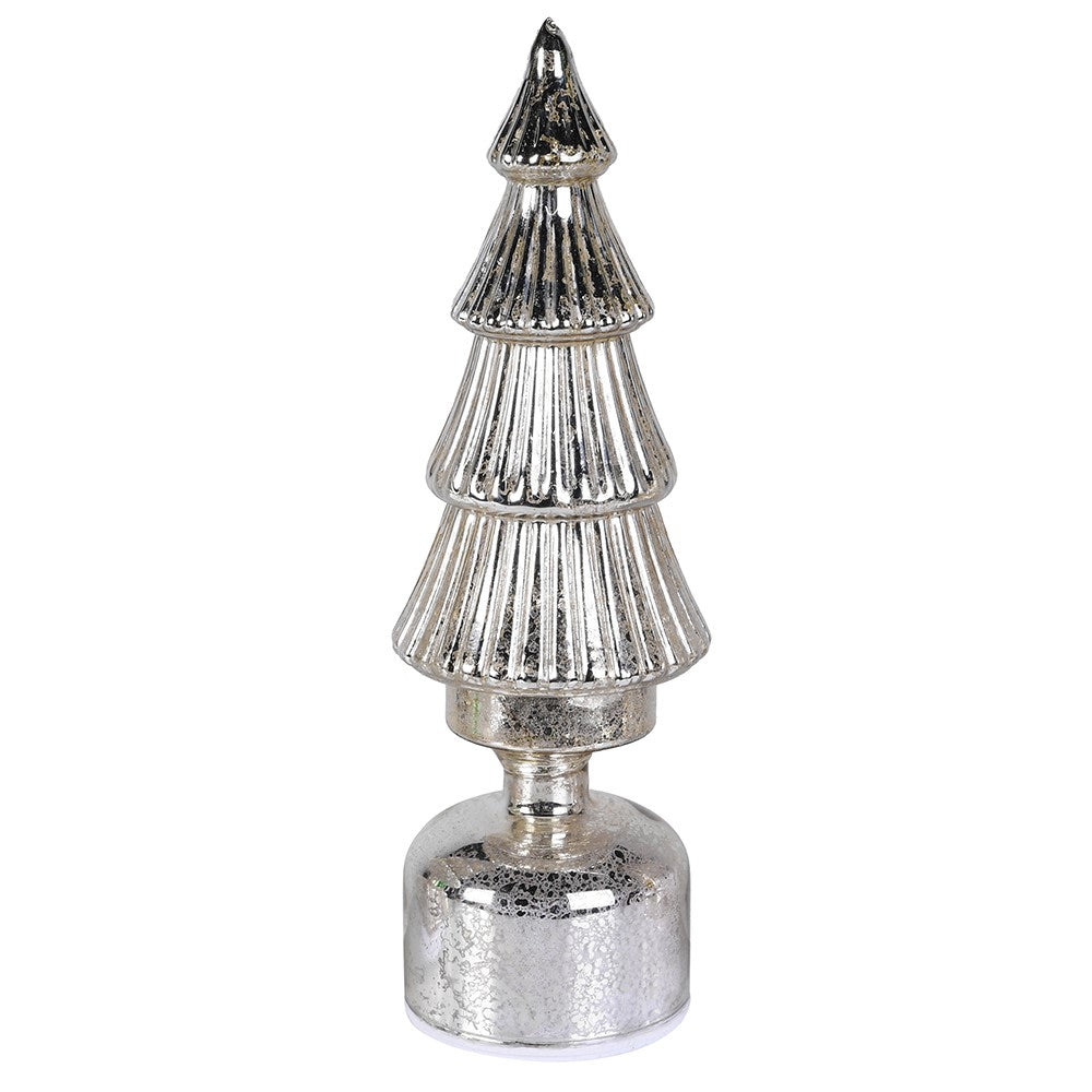 Silver LED rotating Christmas tree by Coach House, featuring festive lights and a sleek silver design for holiday decor.
