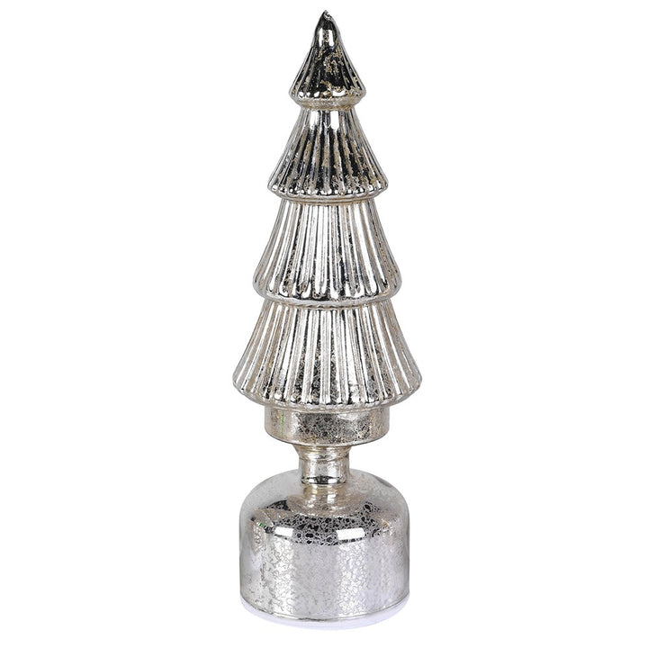 Silver LED rotating Christmas tree by Coach House, featuring festive lights and a sleek silver design for holiday decor.