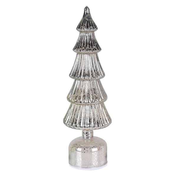 Large silver lit rotating Christmas tree from Coach House by Cornucopia Home and Gift, featuring shiny silver branches and built-in lights.