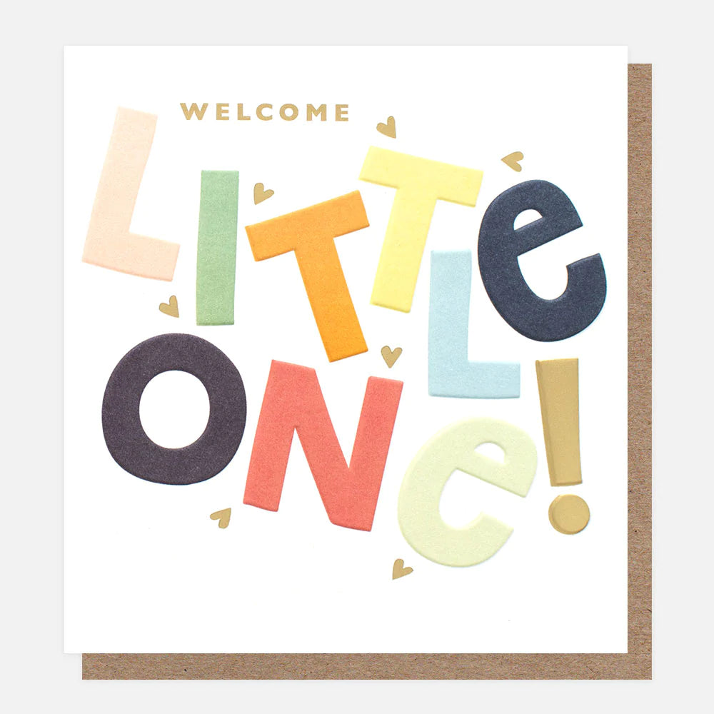 Caroline Gardner Welcome Little One Baby sign with playful lettering and soft pastel colors, suitable for baby nursery decor.