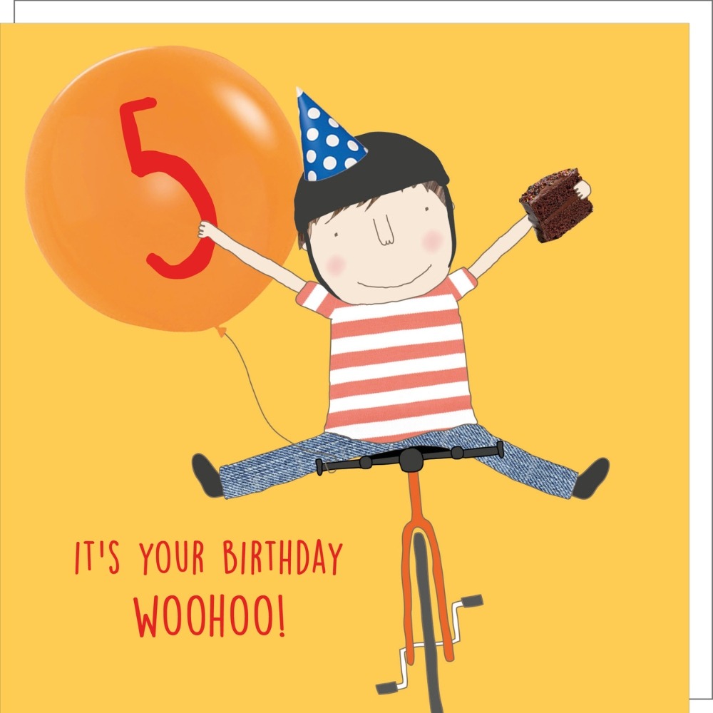 Birthday card featuring a colorful bike design from Rosie Made a Thing, perfect for celebrating a five-year-old's special day.