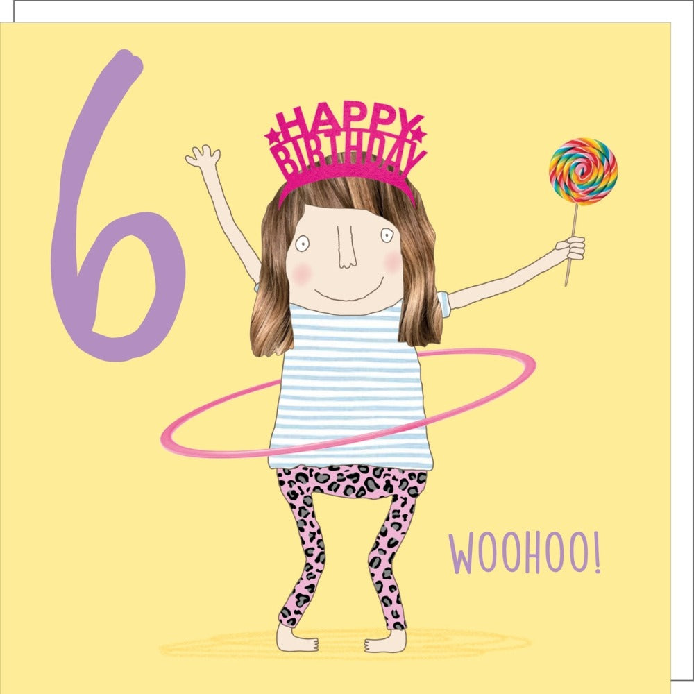 Hula Sixth Birthday Card by Rosie Made a Thing, featuring colorful hula girl illustration on a cheerful greeting card.