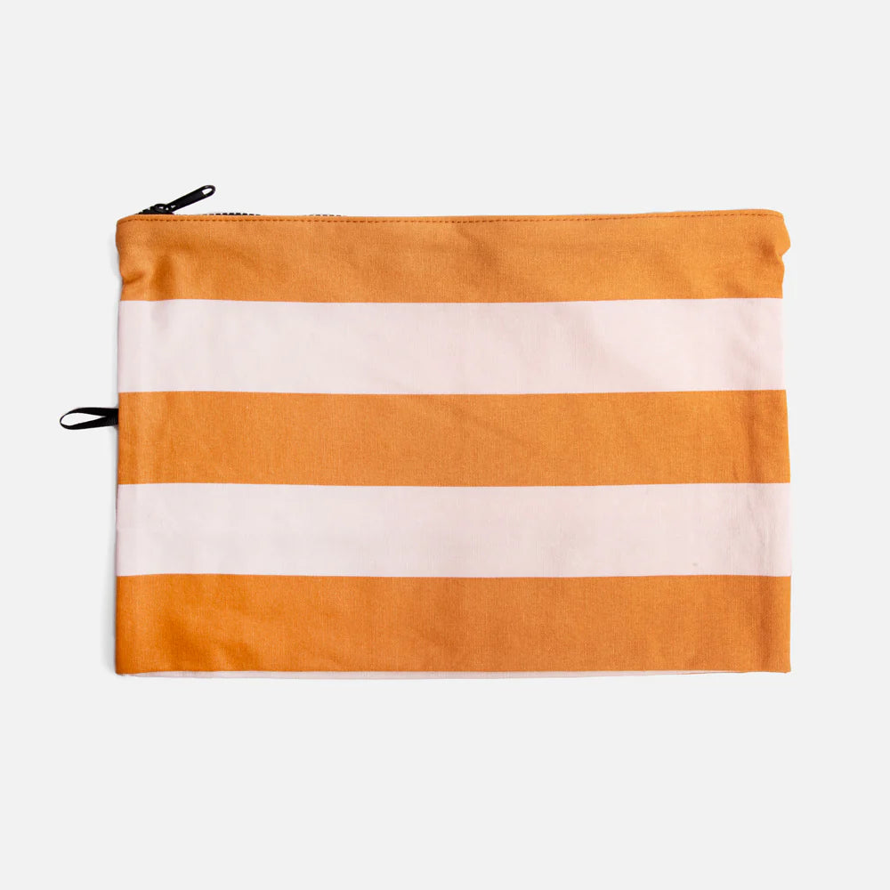 Set of three Caroline Gardner multi stripe travel pouches with colorful patterns, ideal for organizing small items.
