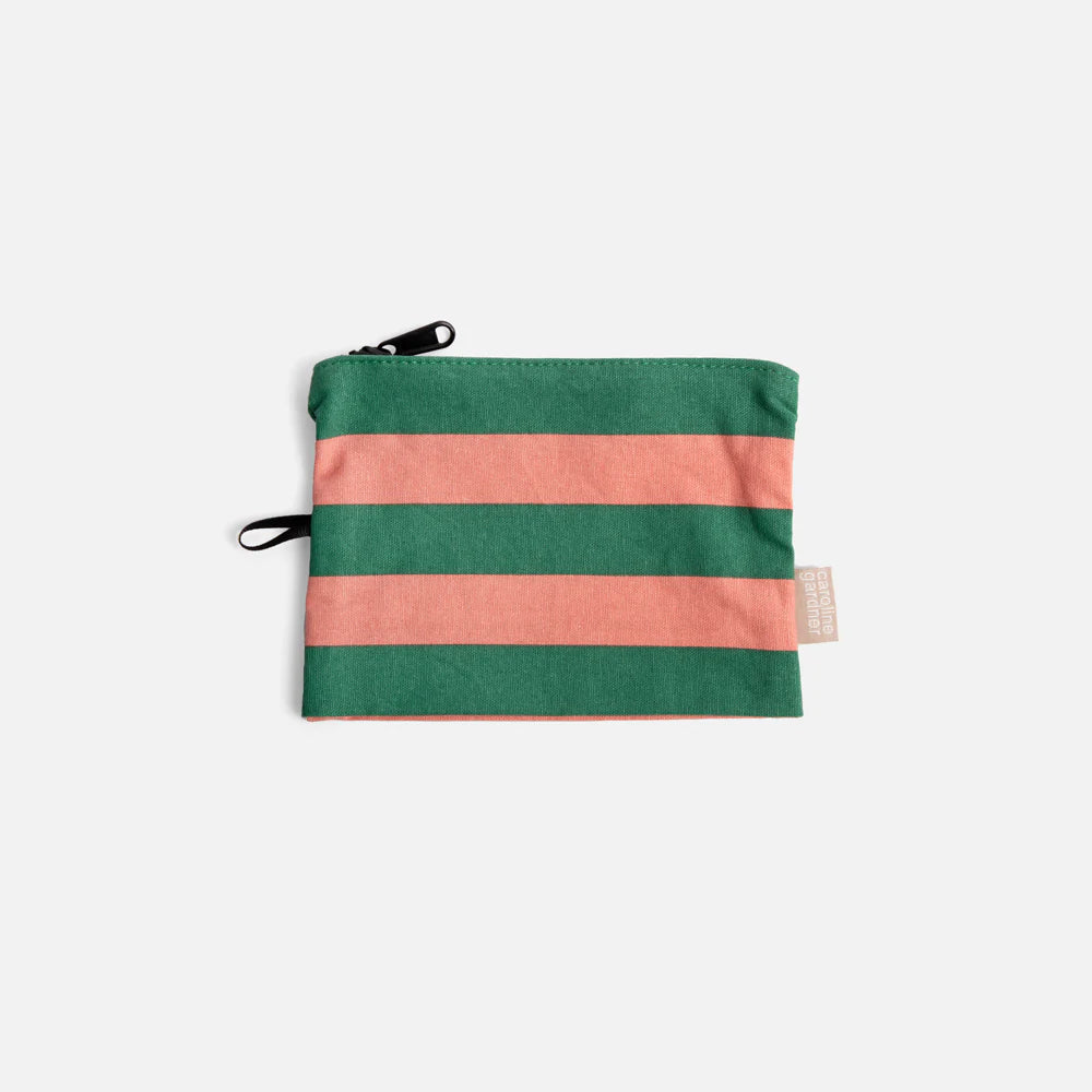 Set of three Caroline Gardner multi-stripe travel pouches featuring colorful patterns, ideal for organizing essentials on the go.