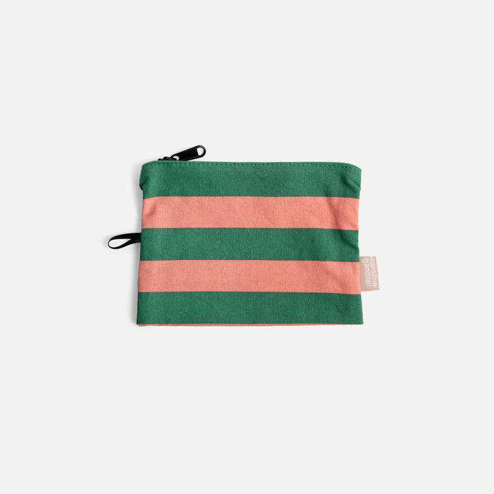Set of three Caroline Gardner multi-stripe travel pouches featuring colorful patterns, ideal for organizing essentials on the go.