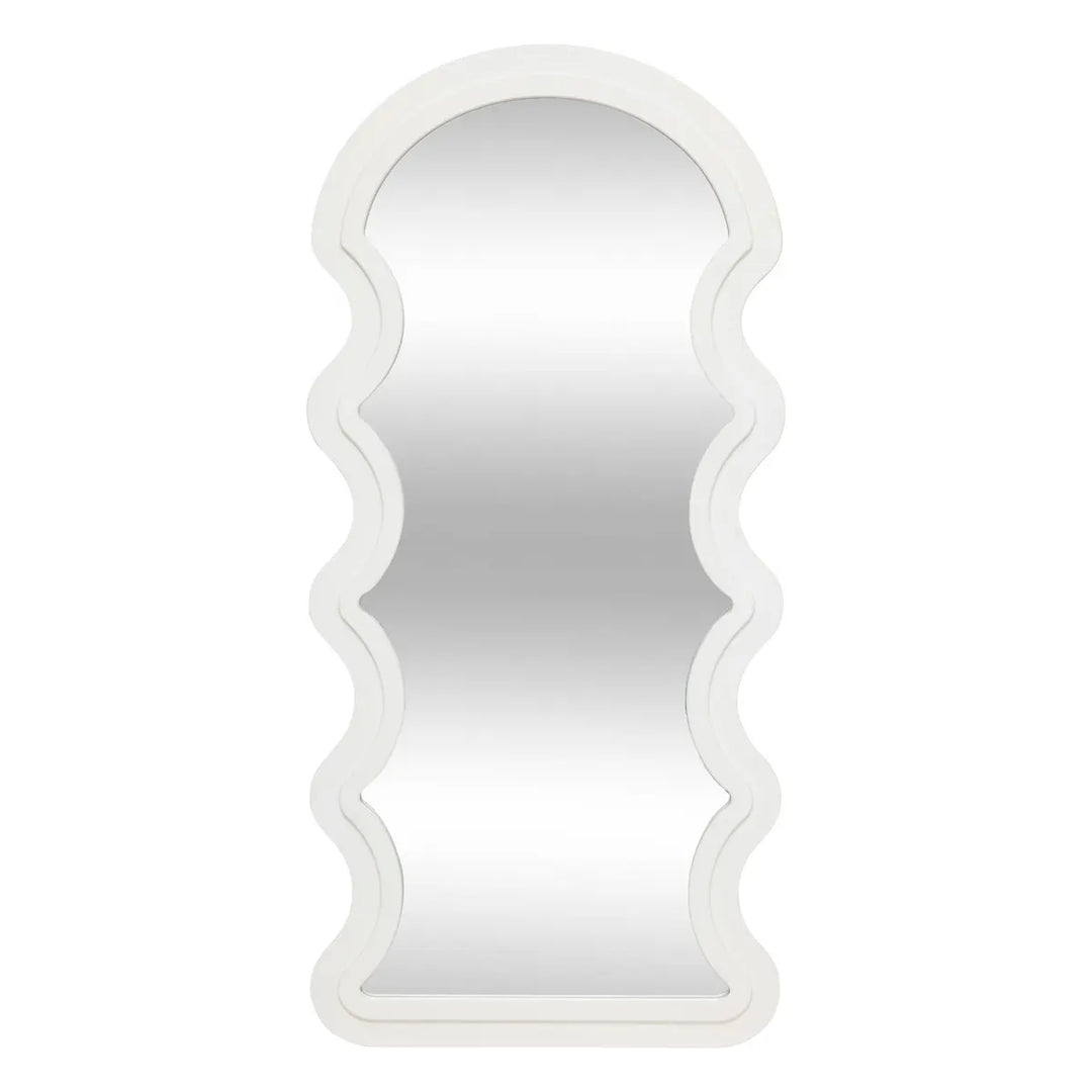 White Emily Wave Wall Mirror by Cornucopia Home and Gift, featuring a modern wavy design for stylish wall decor.
