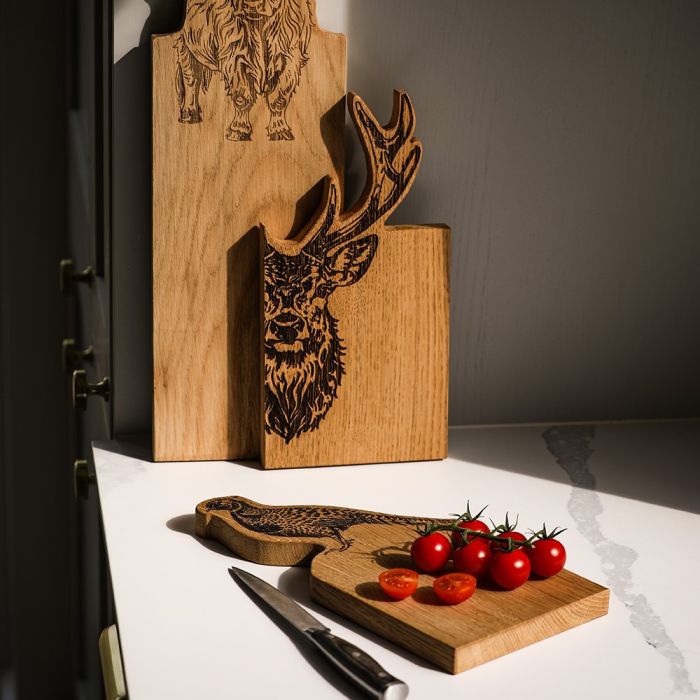 Selbrae House Pheasant framed oak small serving board with engraved pheasant design, natural wood finish, ideal for serving or display.