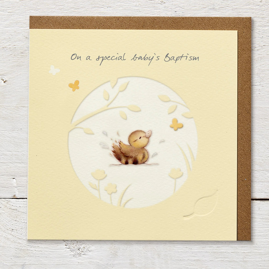 Ginger Betty Baby's Baptism Card with delicate design, featuring soft pastel colors and religious symbols, by Cornucopia Home and Gift.