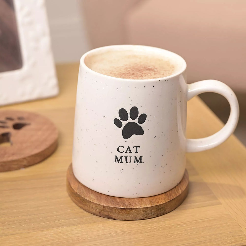 Cornucopia Home and Gift Best of Breed Paw Prints Cat Mum mug with paw print design on white ceramic.