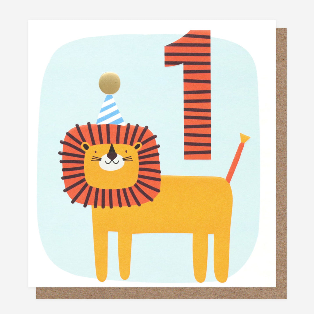 Caroline Gardner birthday card featuring a cute lion design, suitable for a one-year-old boy with colorful, playful illustrations.