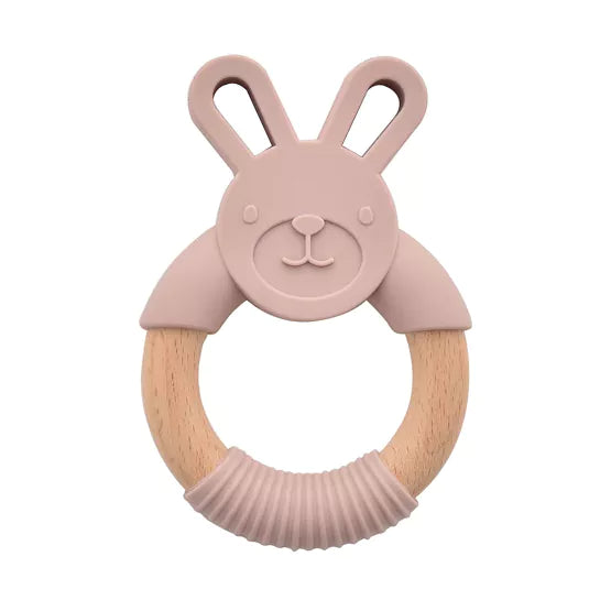 Pink Bambino Wood and Silicone Bunny Teether by Widdop & Co, featuring a wooden bunny shape with silicone accents for babies.