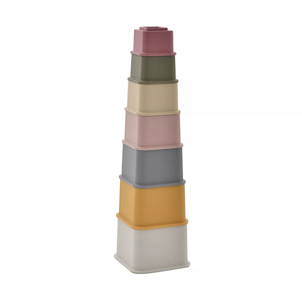 Colorful Bambino Silicone Stacking Cups by Cornucopia Home and Gift, designed for easy stacking and play.