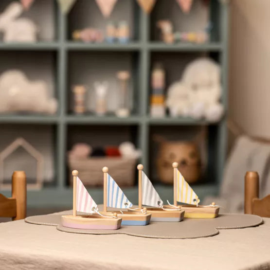 Wooden sailing boats by Widdop &amp; Co with Bambino design, crafted for decorative display by Cornucopia Home and Gift.