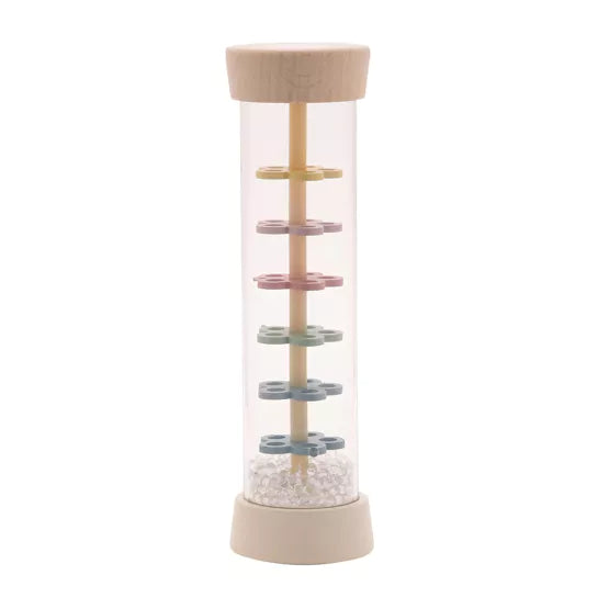 Wooden Bambino Rainmaker by Widdop & Co, featuring colorful beads inside a smooth wooden shell, creating soothing rain sounds.
