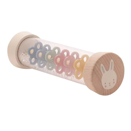 Wooden Bambino Rainmaker by Widdop & Co from Cornucopia Home and Gift, showing colorful wooden beads inside a natural wood rainmaker tube.
