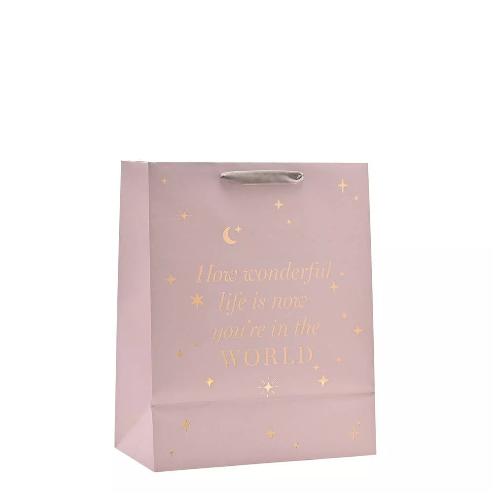 Widdop & Co Bambino baby girl gift bag with pink and white design, featuring cute baby girl illustrations and decorative ribbon handle.