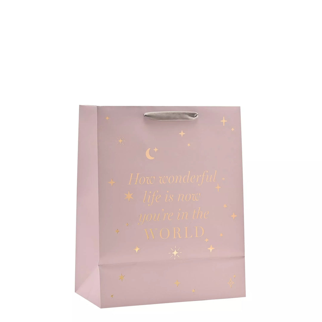 Widdop &amp; Co Bambino baby girl gift bag with pink and white design, featuring cute baby girl illustrations and decorative ribbon handle.