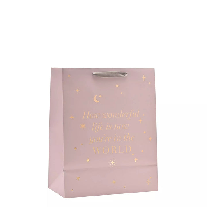 Widdop &amp; Co Bambino baby girl gift bag with pink and white design, featuring cute baby girl illustrations and decorative ribbon handle.