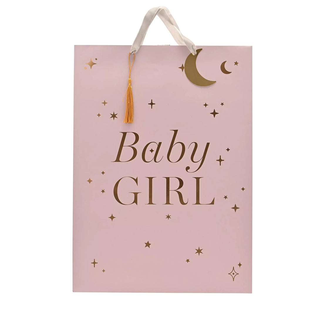 Bambino Baby Girl gift bag by Widdop &amp; Co, featuring colorful baby-themed illustrations and a decorative ribbon handle.