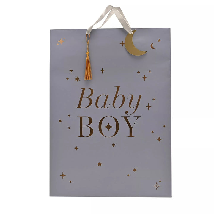 Widdop &amp; Co Bambino baby boy gift bag featuring blue and white design with playful baby-themed illustrations.