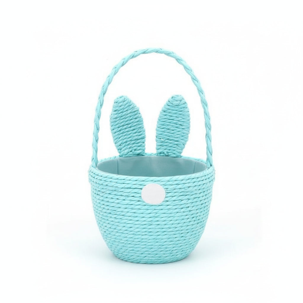 Pink, blue, and yellow bunny ear egg basket by Gisela Graham for Easter, featuring colorful bunny ears and woven design.