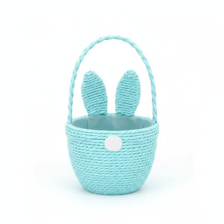 Pink, blue, and yellow bunny ear egg basket by Gisela Graham for Easter, featuring colorful bunny ears and woven design.