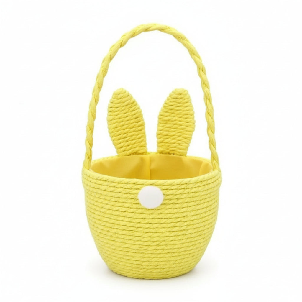 Gisela Graham Easter Bunny Ear Egg Basket in pink, blue, and yellow with soft bunny ear handles, perfect for spring decor.