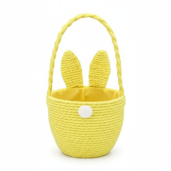 Gisela Graham Easter Bunny Ear Egg Basket in pink, blue, and yellow with soft bunny ear handles, perfect for spring decor.