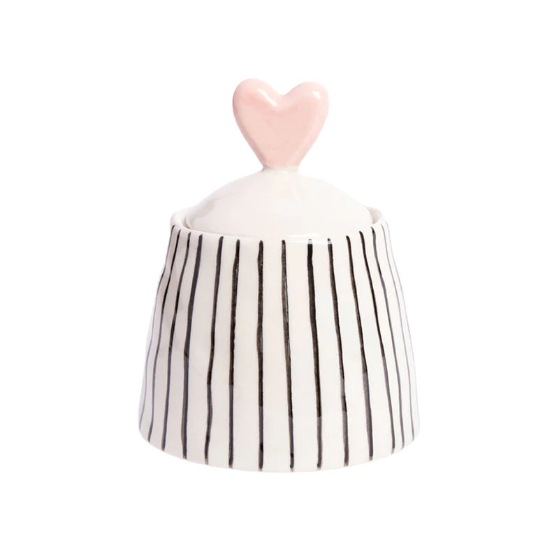 Caroline Gardner pink and mustard stripe ceramic heart lid jar with a matching stoneware pot for gift or home decor.