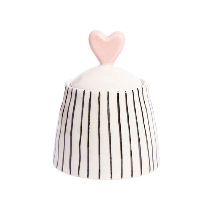 Caroline Gardner pink and mustard stripe ceramic heart lid jar with a matching stoneware pot for gift or home decor.