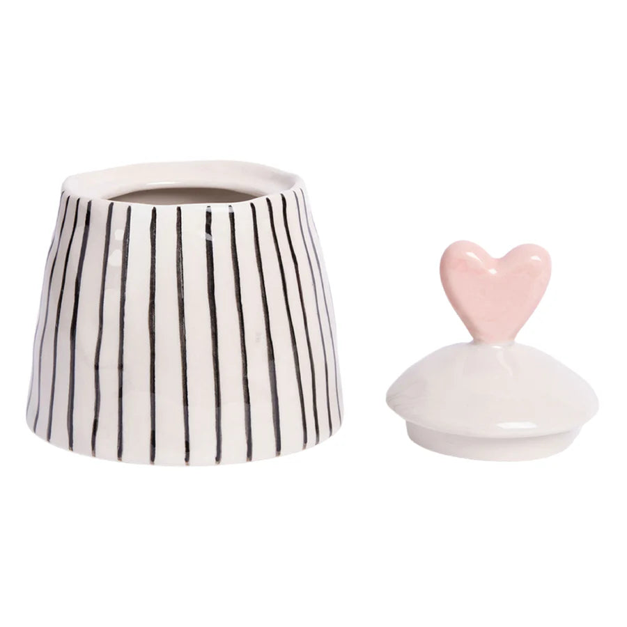 Pink and mustard striped Caroline Gardner heart lid jar with stoneware finish, ideal for gift or home decor.
