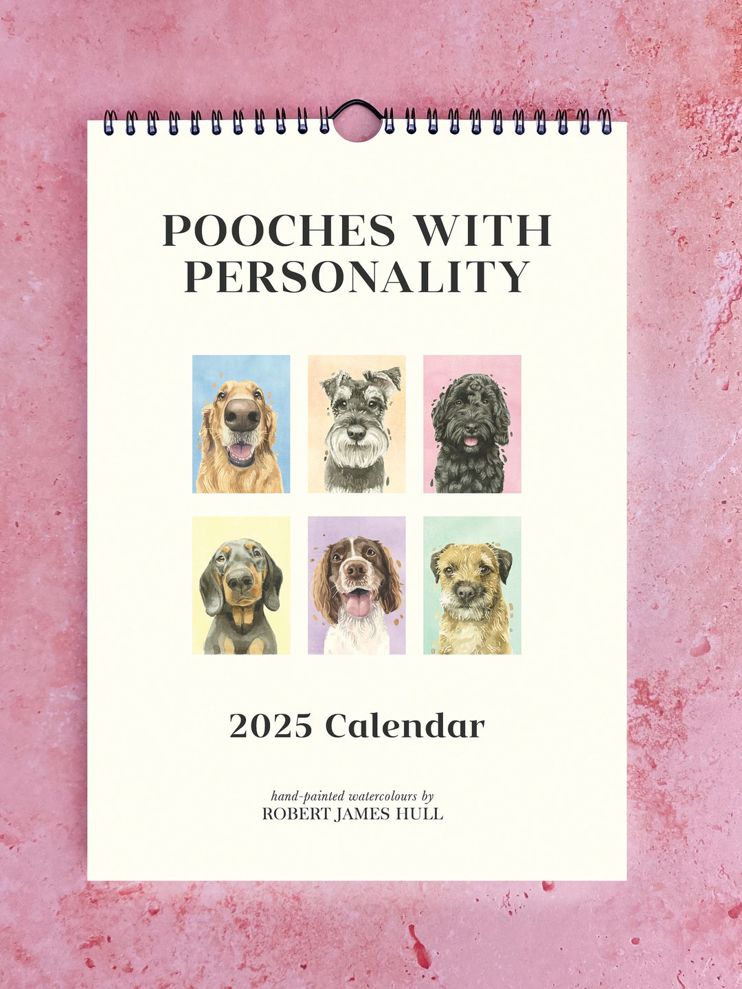 Watercolour calendar featuring playful Pooches with Personality by Robert James Hull, with colorful dog illustrations.