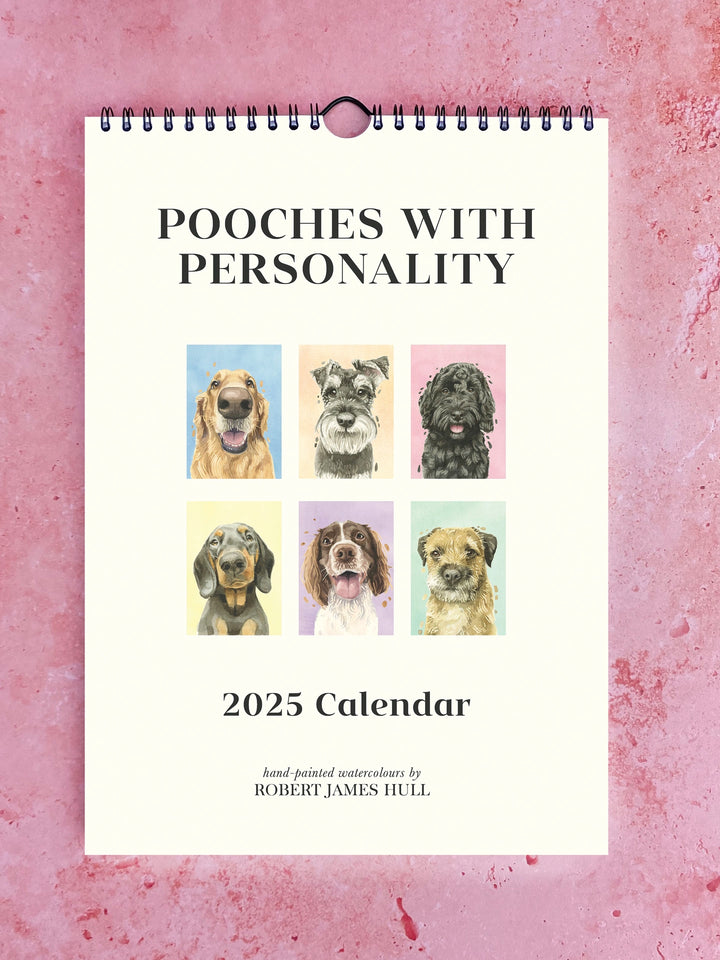 Watercolour calendar featuring playful Pooches with Personality by Robert James Hull, with colorful dog illustrations.