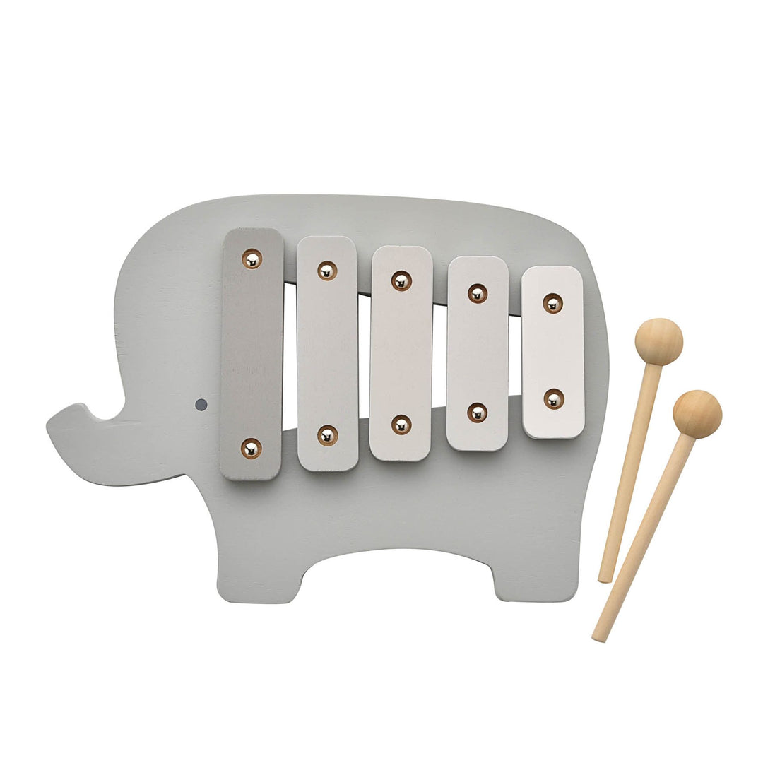 Wooden elephant-shaped xylophone by Widdop &amp; Co, Cornucopia Home and Gift, with colorful bars and natural wood finish.