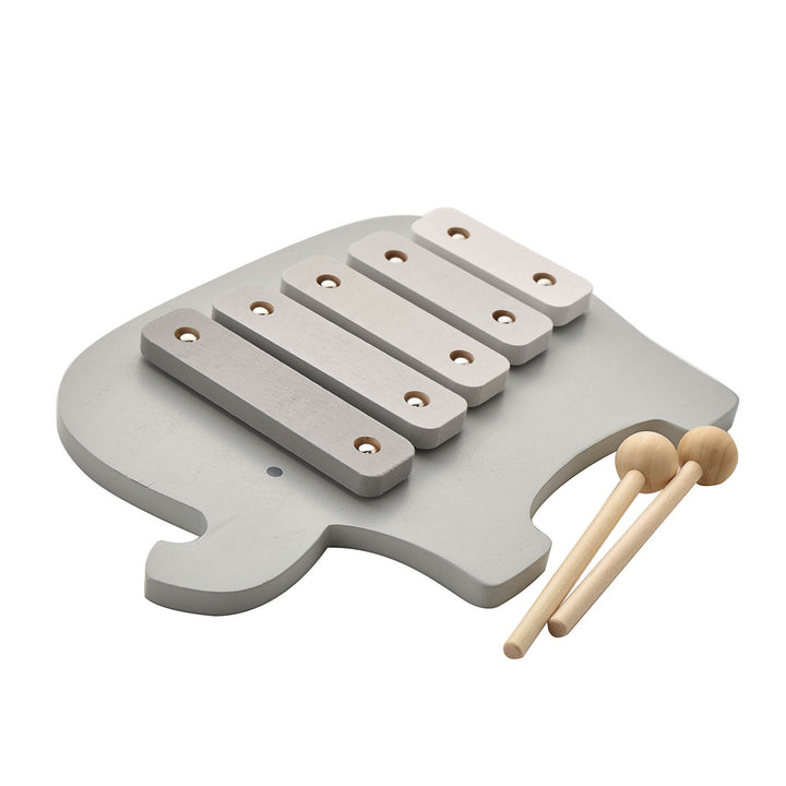 Wooden elephant-shaped xylophone by Widdop &amp; Co from Cornucopia Home and Gift, showing colorful bars and carved elephant design.