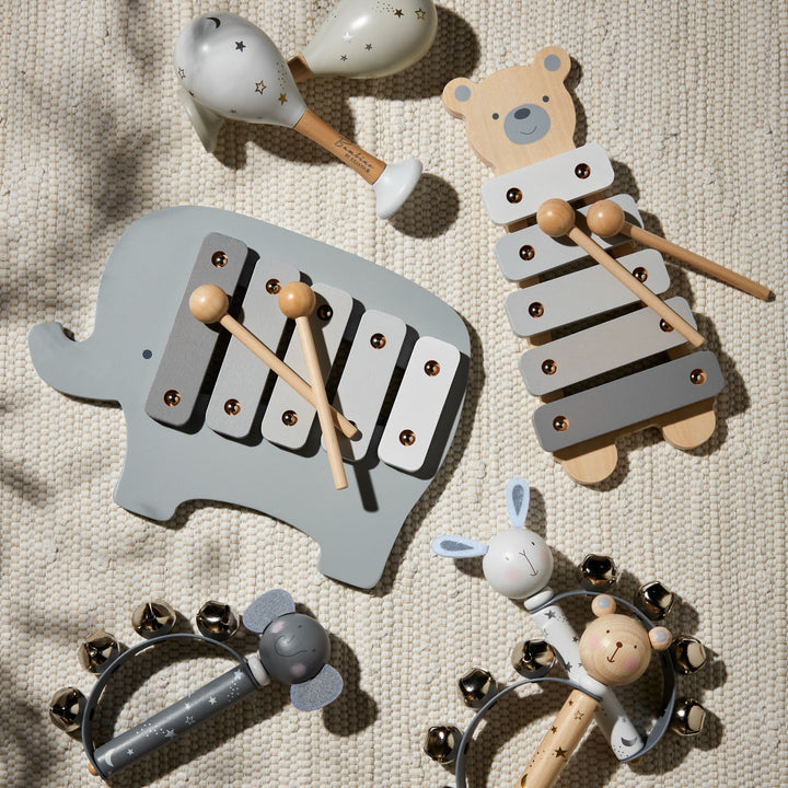 Wooden elephant-shaped xylophone by Widdop &amp; Co from Cornucopia Home and Gift, with colorful keys and natural wood finish.