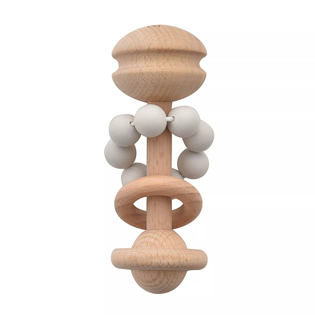Grey wooden rattle teething toy by Widdop & Co from Cornucopia Home and Gift, featuring smooth wooden beads and teething-friendly design.
