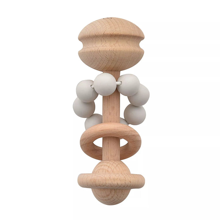 Grey wooden rattle teething toy by Widdop &amp; Co from Cornucopia Home and Gift, featuring smooth wooden beads and teething-friendly design.