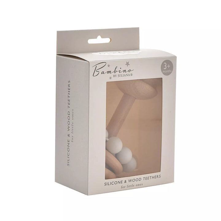 Grey wooden rattle teething toy by Widdop &amp; Co from Cornucopia Home and Gift, featuring smooth wooden beads and a natural finish.