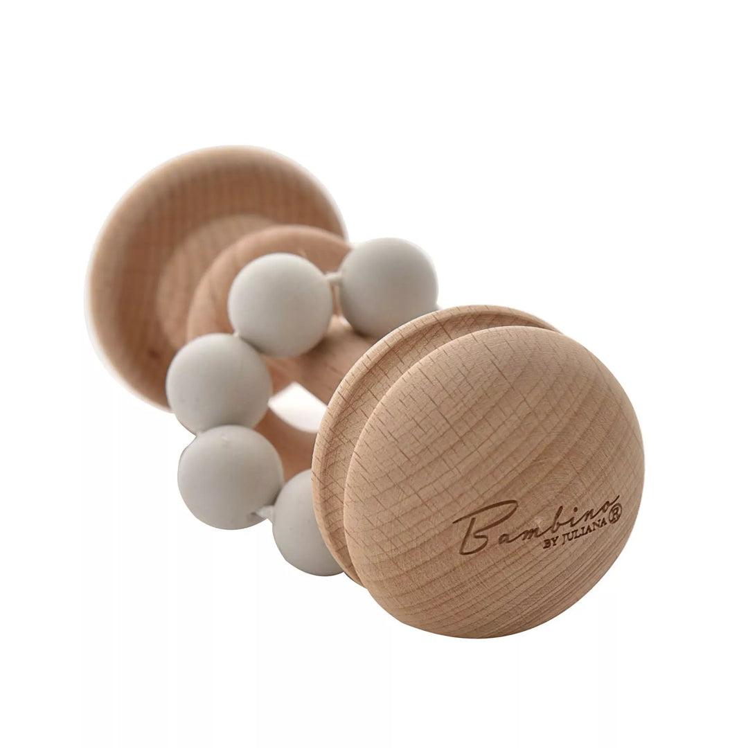 Grey wooden teething rattle toy by Widdop &amp; Co from Cornucopia Home and Gift, featuring smooth wood and a simple design.