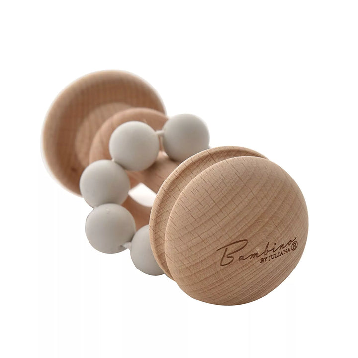 Grey wooden teething rattle toy by Widdop &amp; Co from Cornucopia Home and Gift, featuring smooth wood and a simple design.