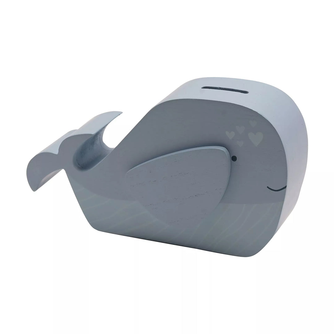 Widdop &amp; Co Petit Cheri whale-shaped money box, 20cm, with a glossy finish and coin slot on top, designed by Cornucopia Home and Gift.