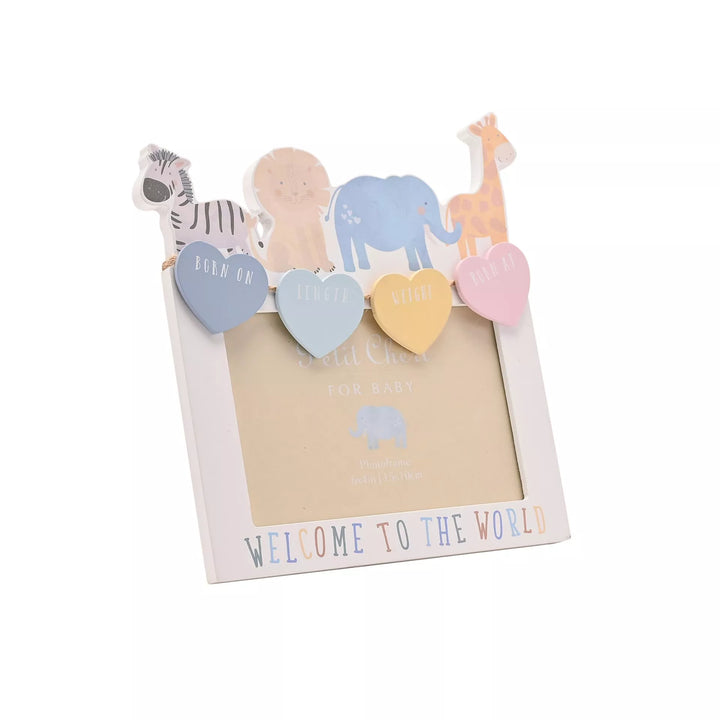 Widdop &amp; Co Welcome to the World animal photo frame featuring colorful illustrations, perfect for celebrating new arrivals.