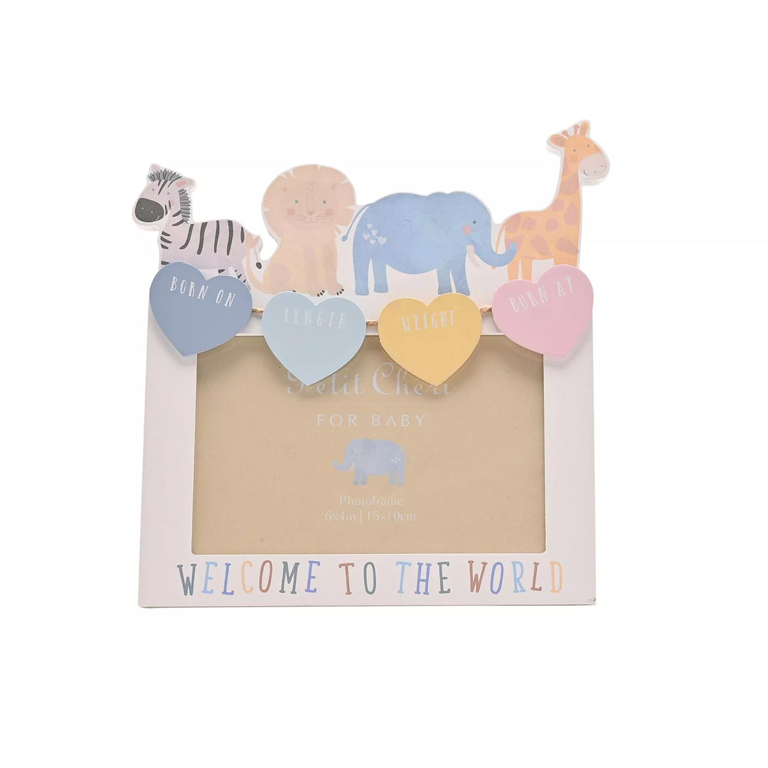 Widdop & Co Welcome to the World Animal Photo Frame featuring colorful animal illustrations on a wooden frame.