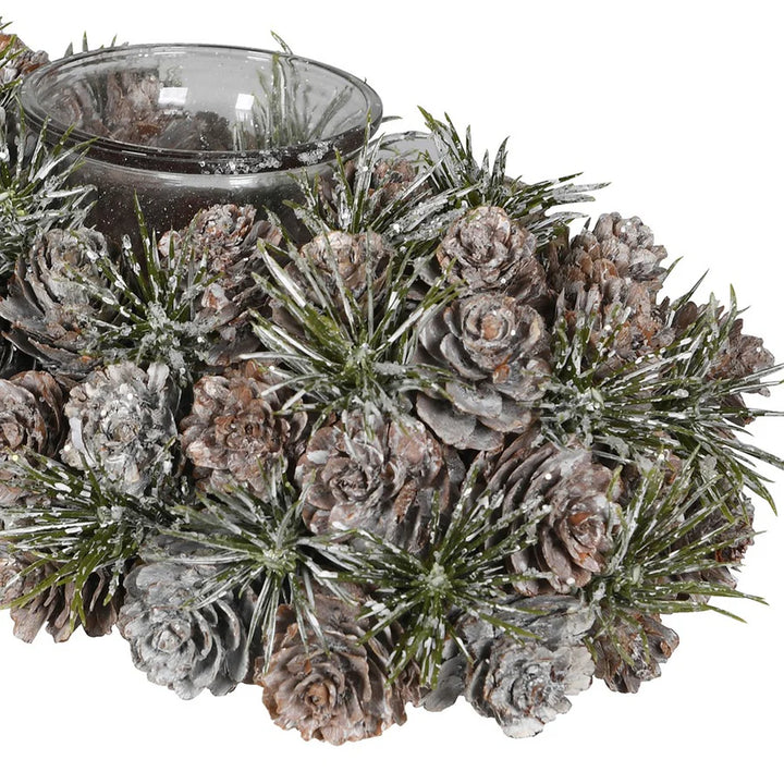 Frosted Pinecone Candle Holder from Coach House Christmas by Cornucopia Home and Gift, featuring four frosted pinecone accents.